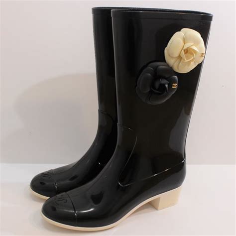 chanel black rain boots with flowers|chanel rain boots for women.